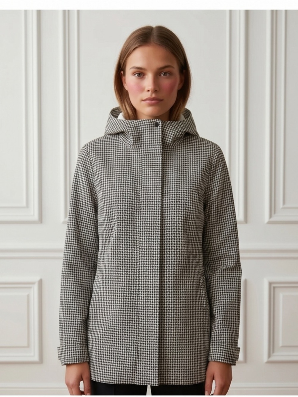 Columbia Houndstooth Hooded Windbreaker Coat in Black and White